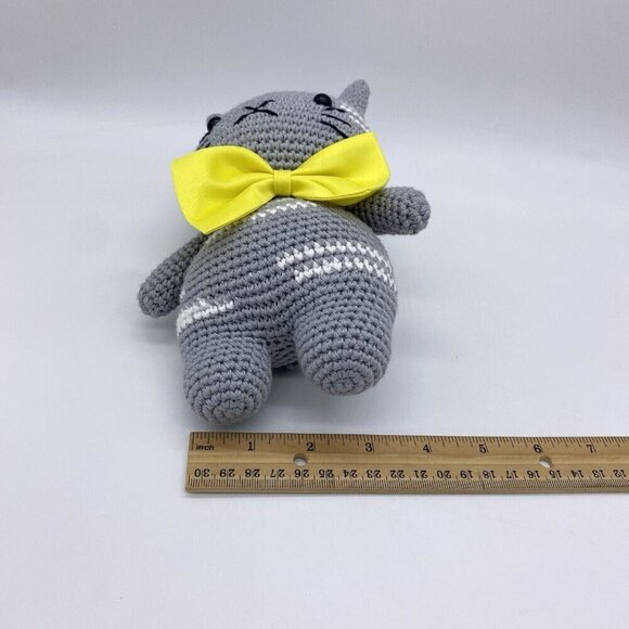 Handmade Crochet Cat Grey Kitty Yellow Bow Tie Doll Cat Stuffed Animal Gift - Picture 6 of 7